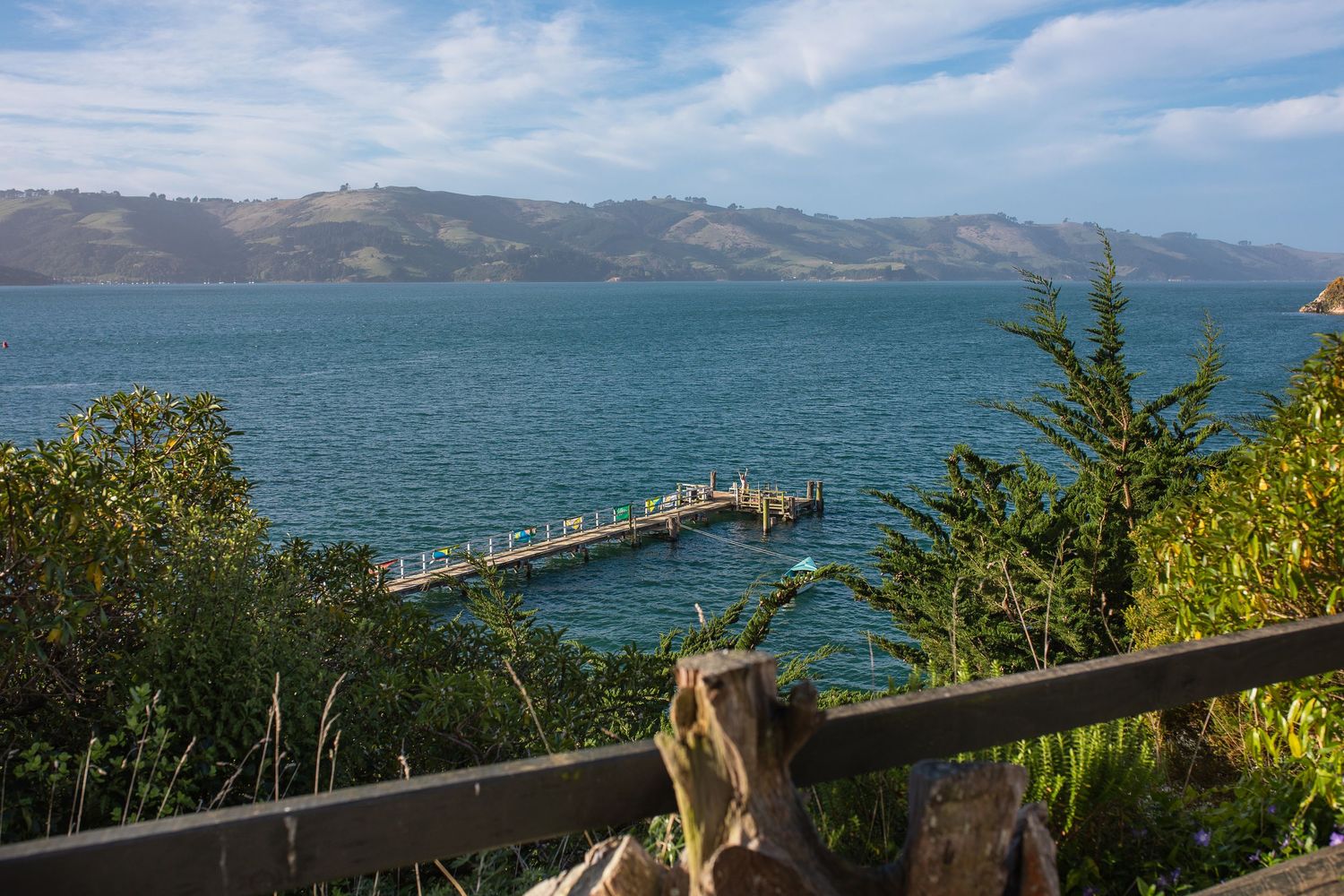 Panoramic view of San Francisco Bay with mountains and bridge in the distance.
