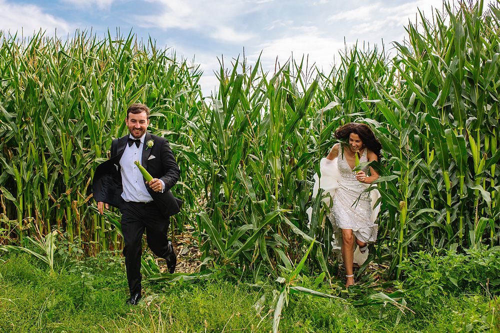 A couple walks through a lush green cornfield on their wedding day.