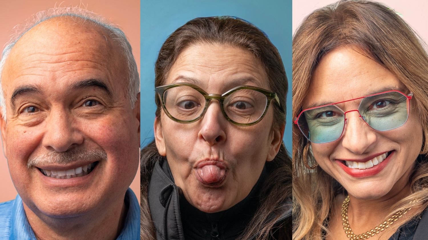 Three people making playful expressions while posing for headshots against colorful backgrounds.