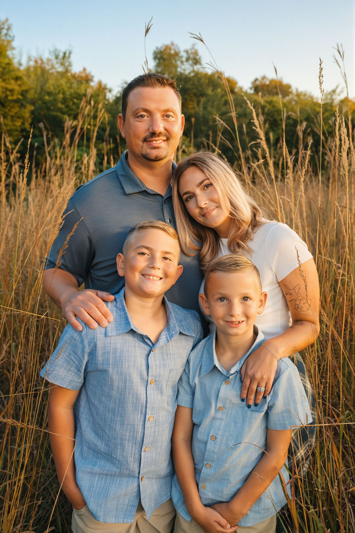 Family of four posing in golden field at sunset, parents and two boys in matching blue shirts smiling.