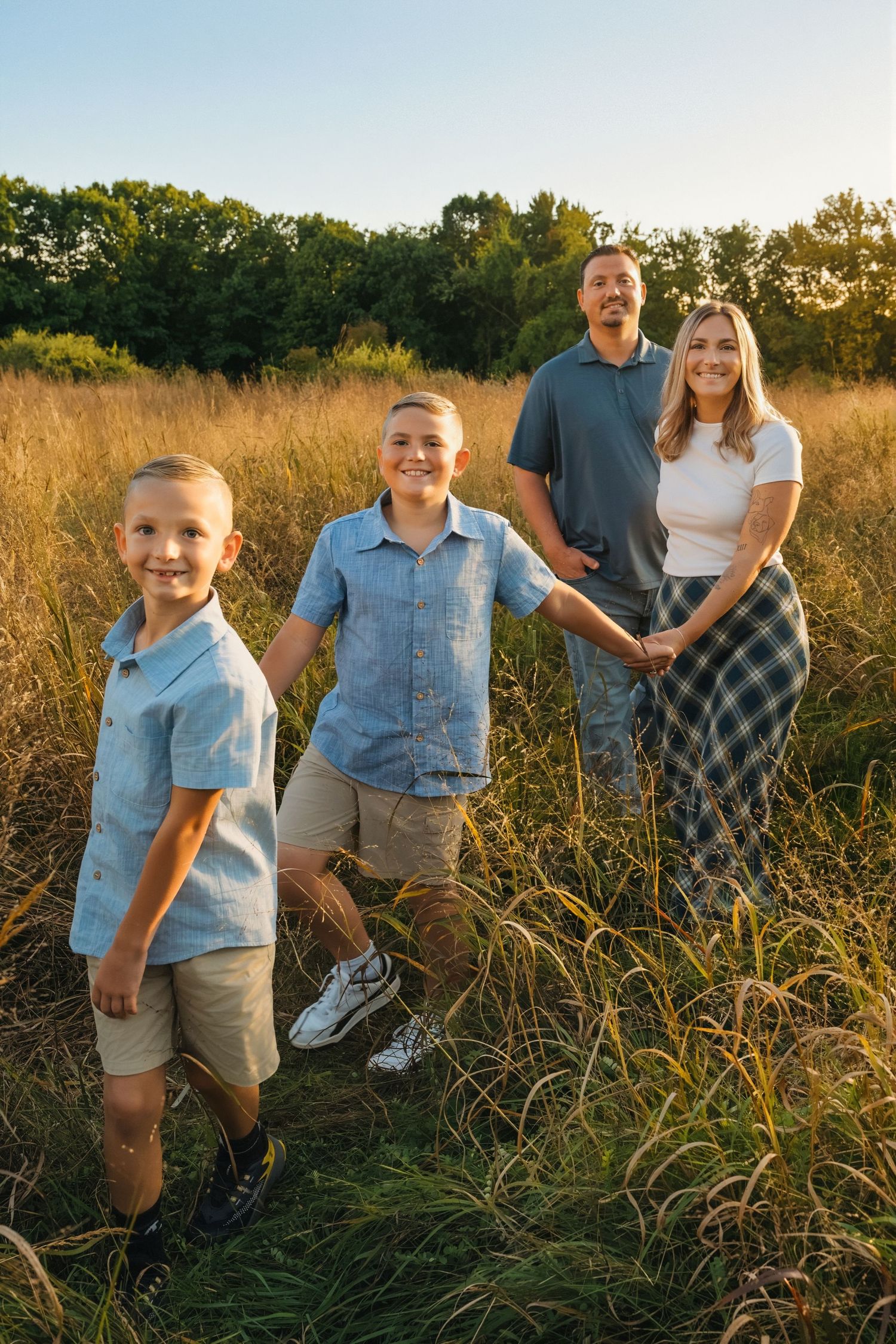 Family of four posing in a golden sunlit field, two young boys in front with parents standing behind them.