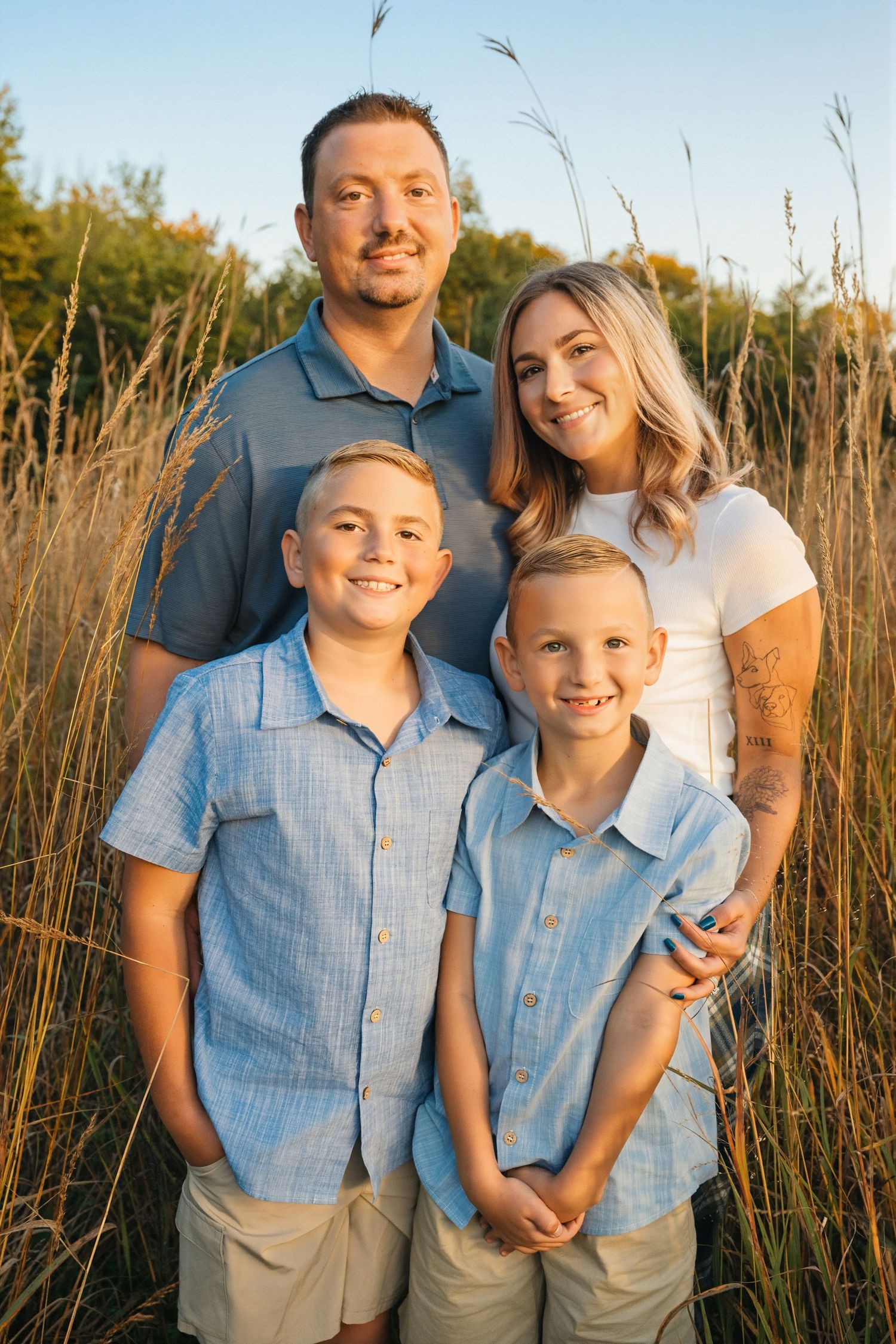 Family of four posing outdoors in tall golden grass during sunset, wearing coordinating blue shirts and khaki shorts.