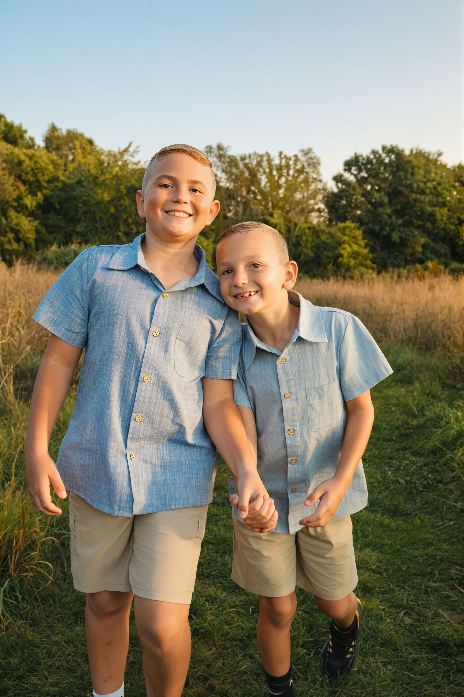 Two smiling brothers in matching blue shirts and khaki shorts pose together in a sunny field at golden hour.