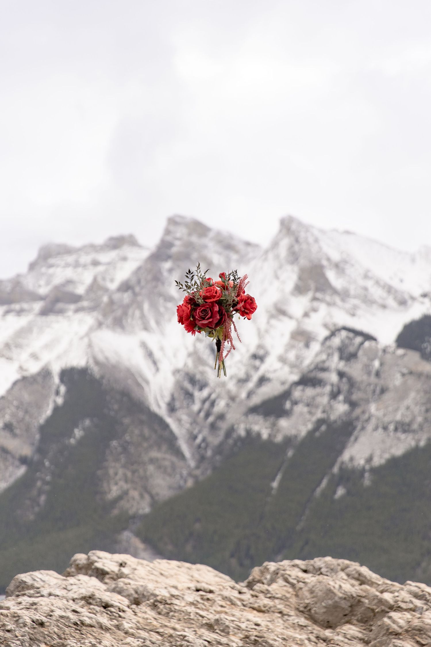 A red floral bouquet floats against a dramatic backdrop of snow-capped mountain peaks in a scenic landscape.