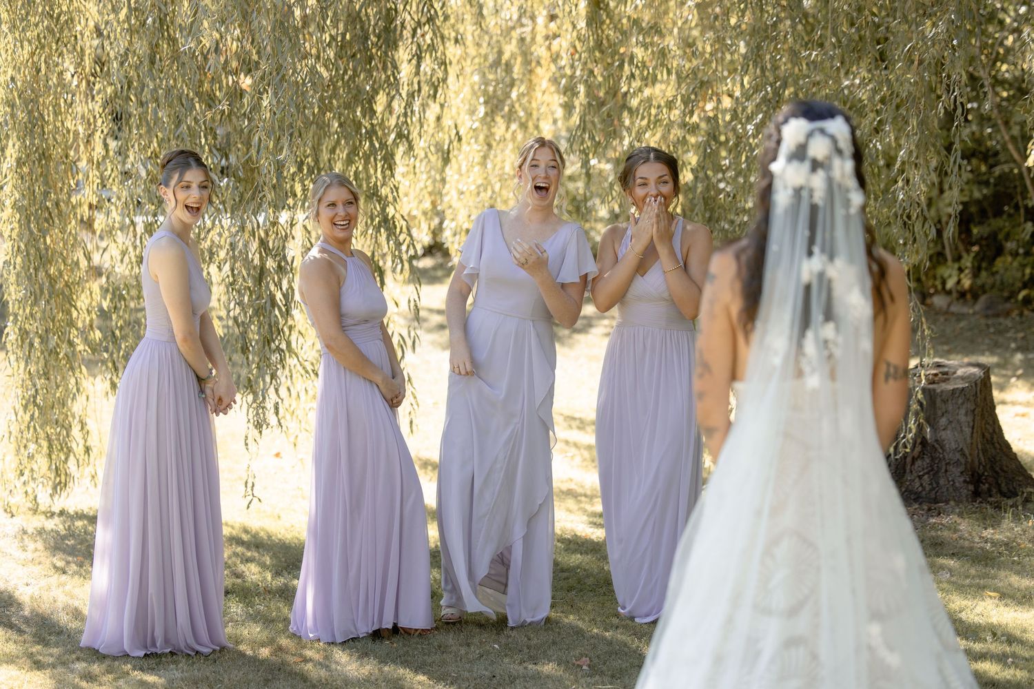 A wedding party in lavender bridesmaid dresses and a white wedding gown poses together in a sunlit outdoor setting.