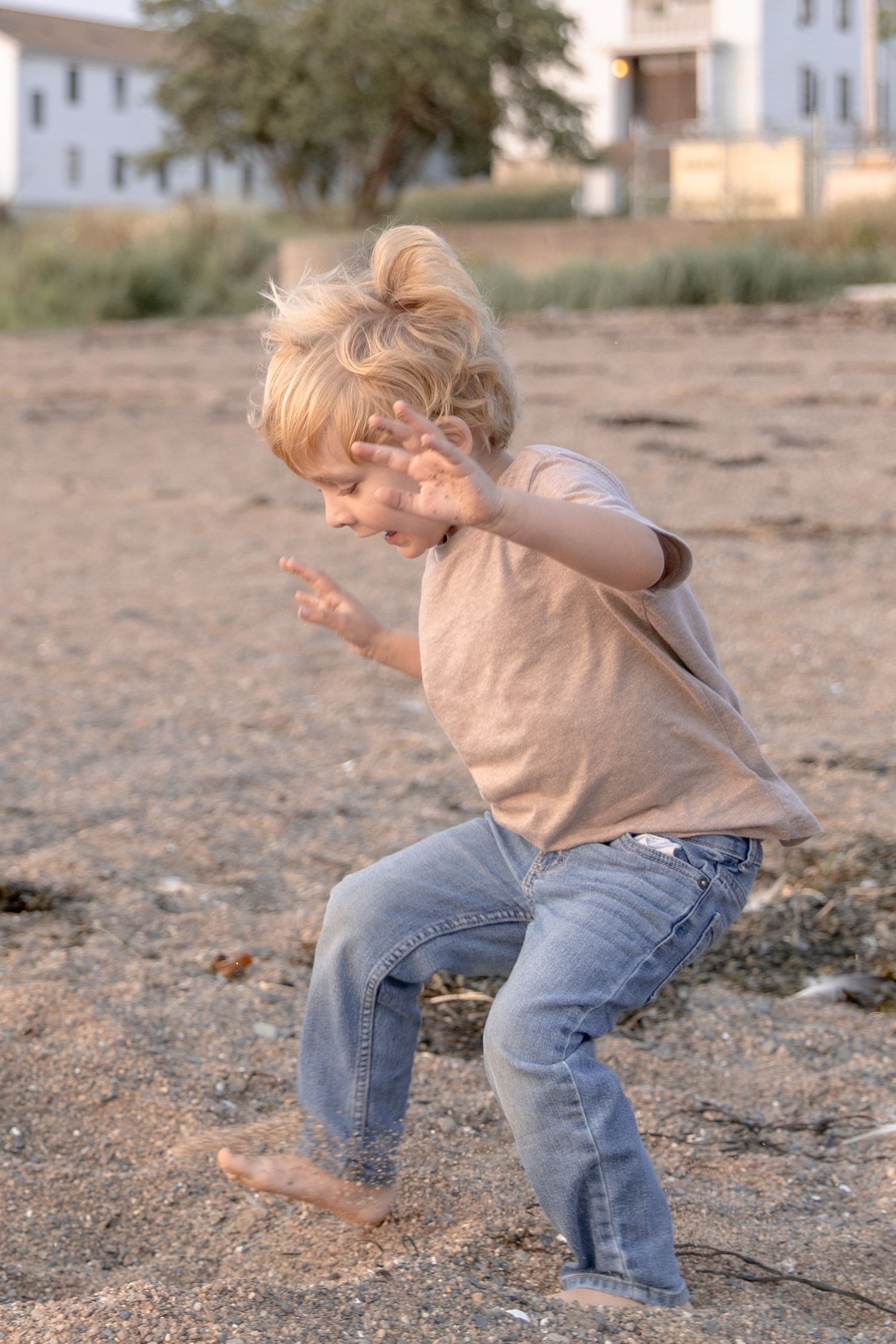 A sequence of photos shows a person in jeans crouching down and squatting in a rustic outdoor setting.