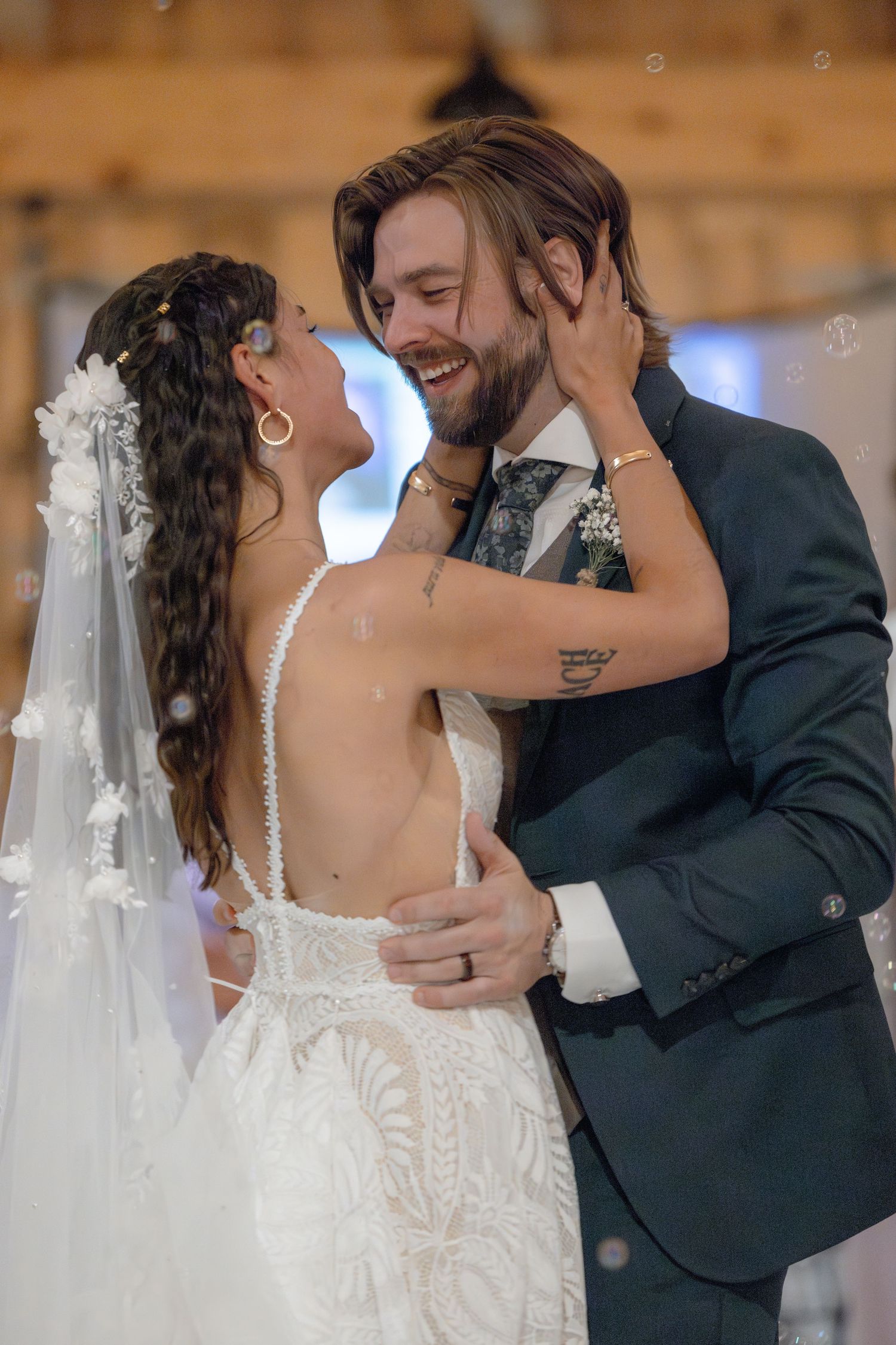 A romantic first dance sequence shows a couple in wedding attire sharing intimate moments in a rustic barn venue.