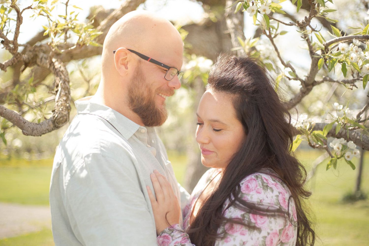 A romantic spring moment photographed under blooming fruit tree branches in warm sunlit garden setting.