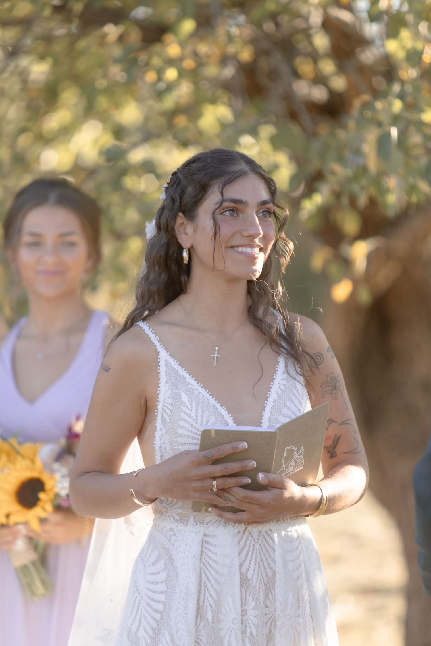A series of candid moments at an outdoor celebration with people in white dresses enjoying a sunny afternoon.