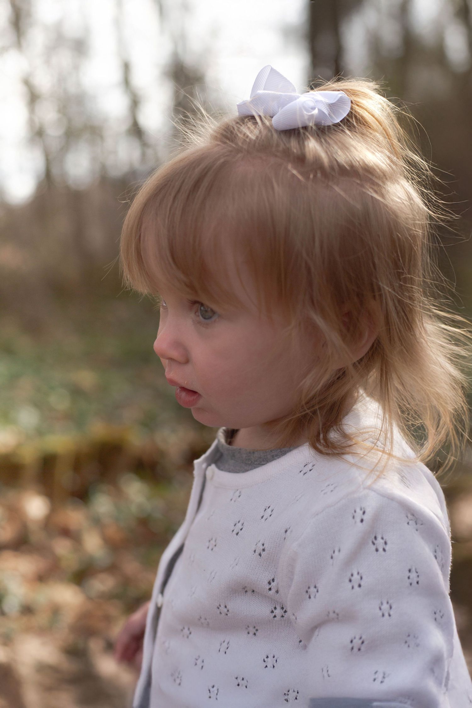 A young child in a white patterned shirt with a hair bow looks off to the side in an outdoor autumn setting.