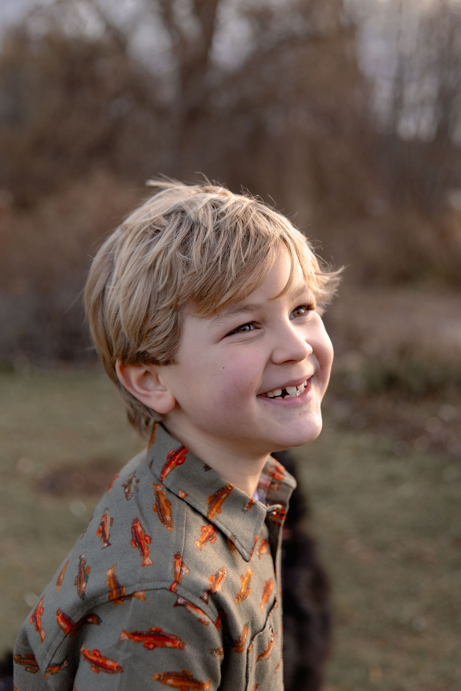A series of four candid photos showing a young child wearing a button-up shirt with a fox pattern in an outdoor setting.