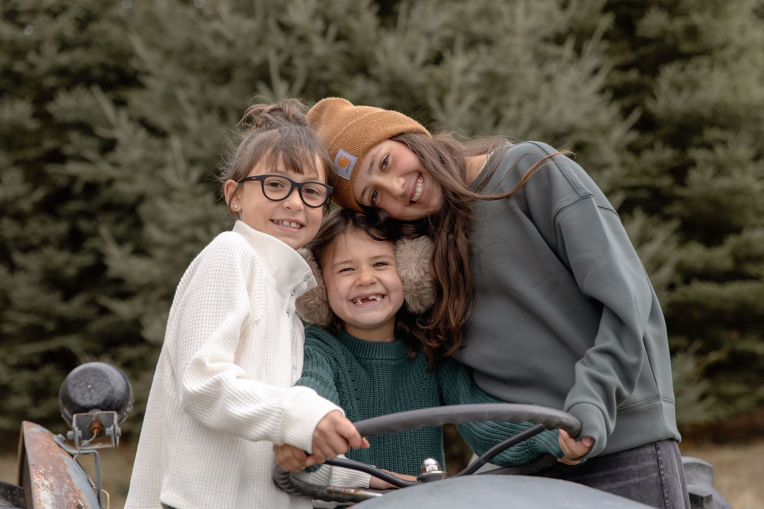 A joyful family moment captured in a series of candid outdoor photos against an evergreen forest backdrop.