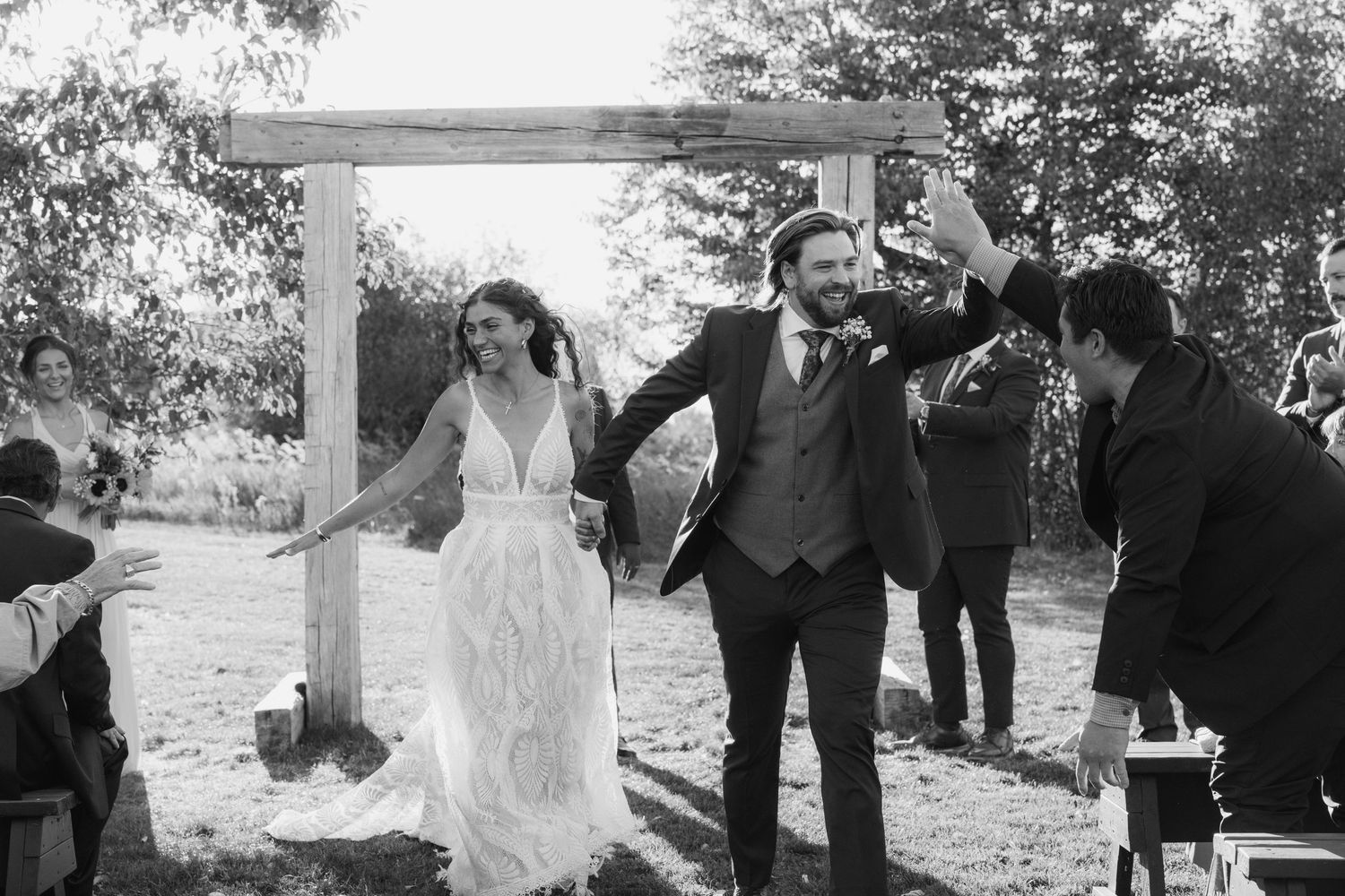 A joyful wedding party celebrates outdoors with dancing and candid moments captured in a photo collage.