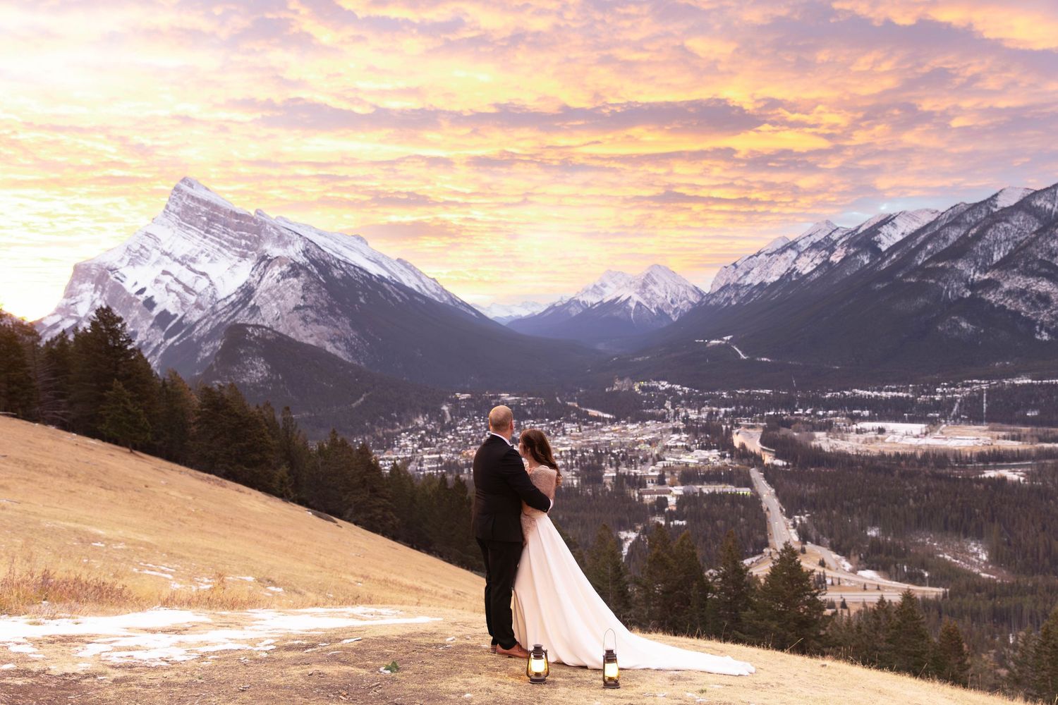 A series of panoramic mountain landscape photos at sunset with snow-capped peaks and glowing orange skies.