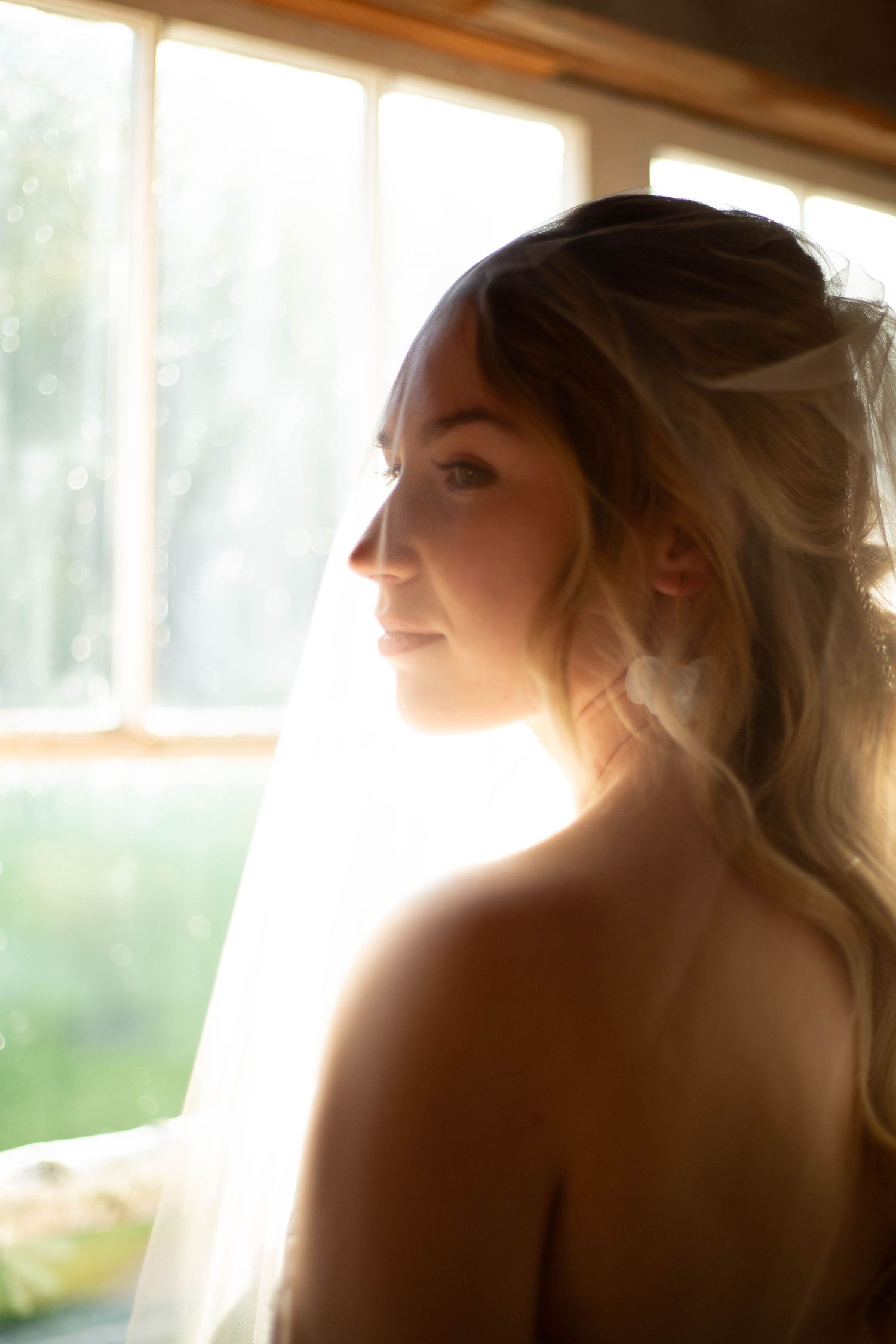 Silhouette profile of woman with upswept hair backlit by window light.