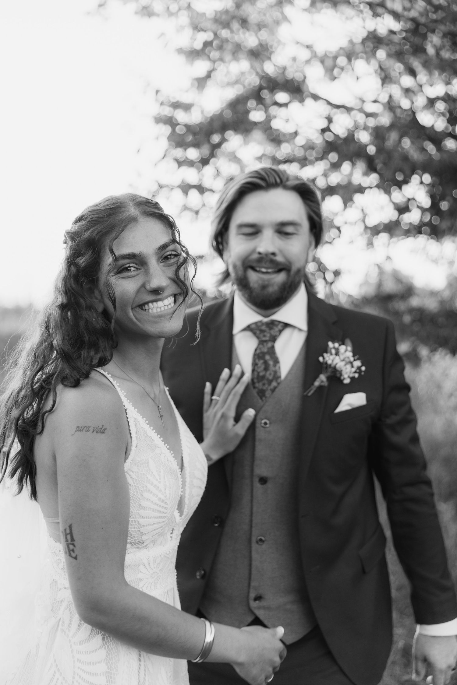 Candid sequence of newlyweds sharing joyful laughter outdoors.