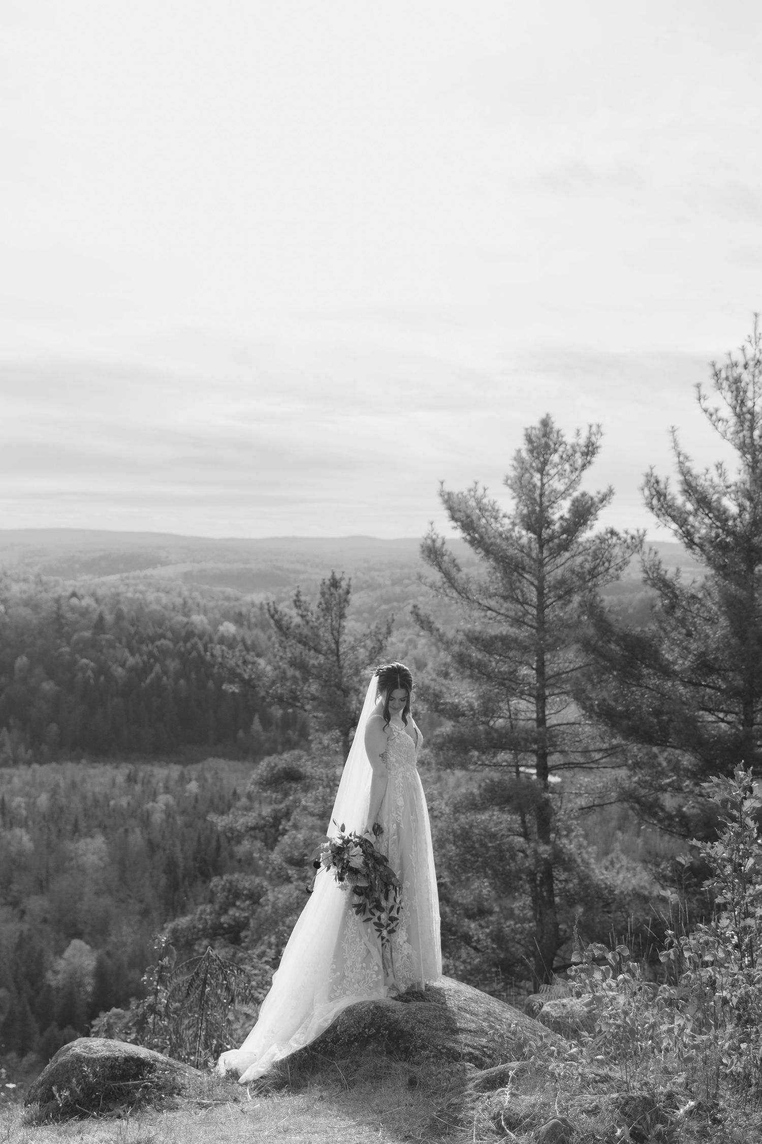 A scenic wedding photo series showing a couple in white against a mountainous forest landscape on a cloudy day.