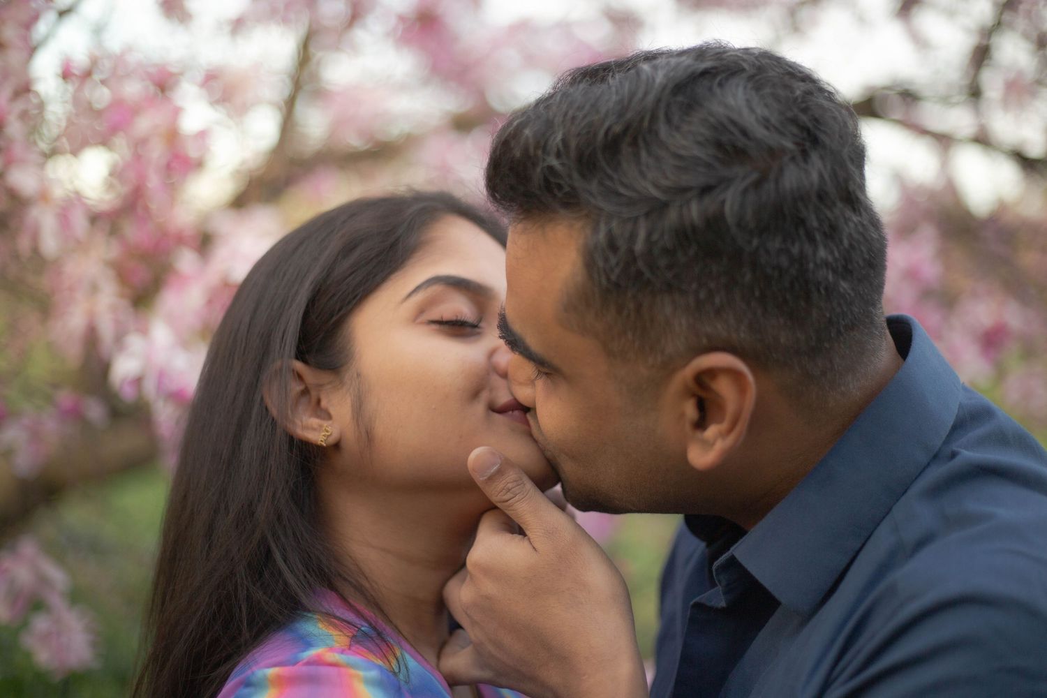 A romantic couple sharing a tender kiss under blooming pink cherry blossom trees in springtime.