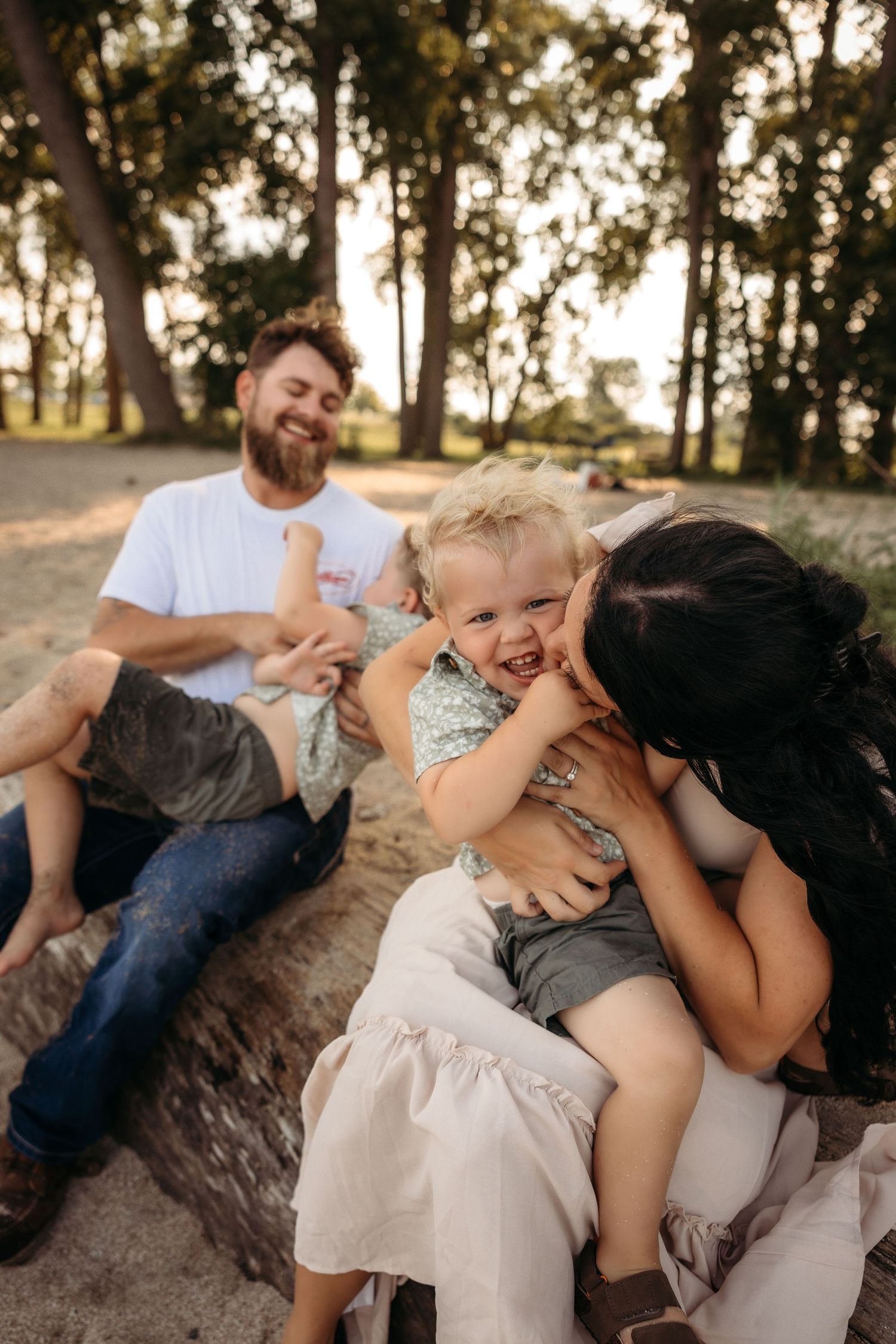 Children play and snuggle with a large black dog on a fallen tree during golden hour in a sunny outdoor setting.