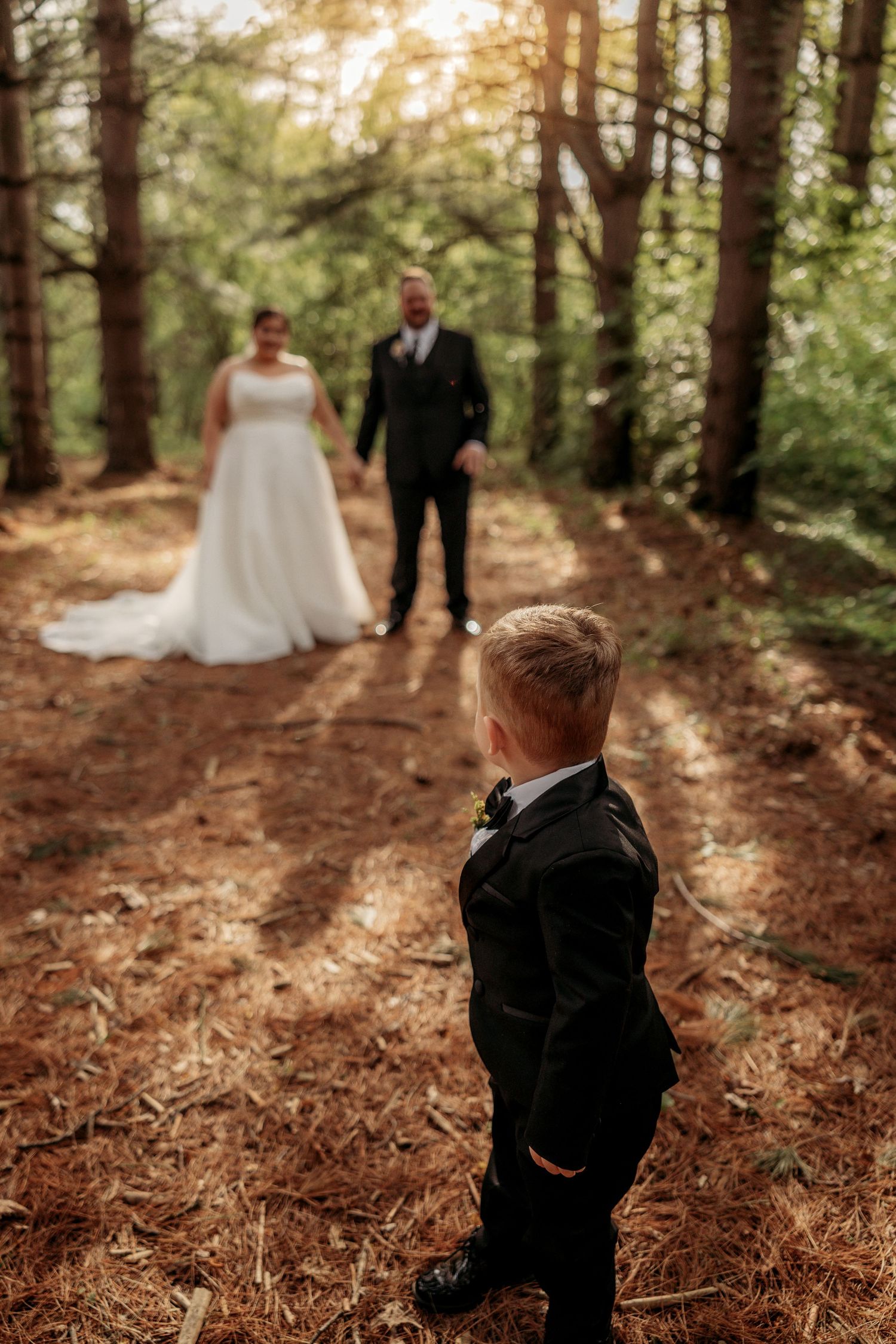 Young ring bearer in black suit stands before bride and groom walking through a sunlit pine forest wedding venue.