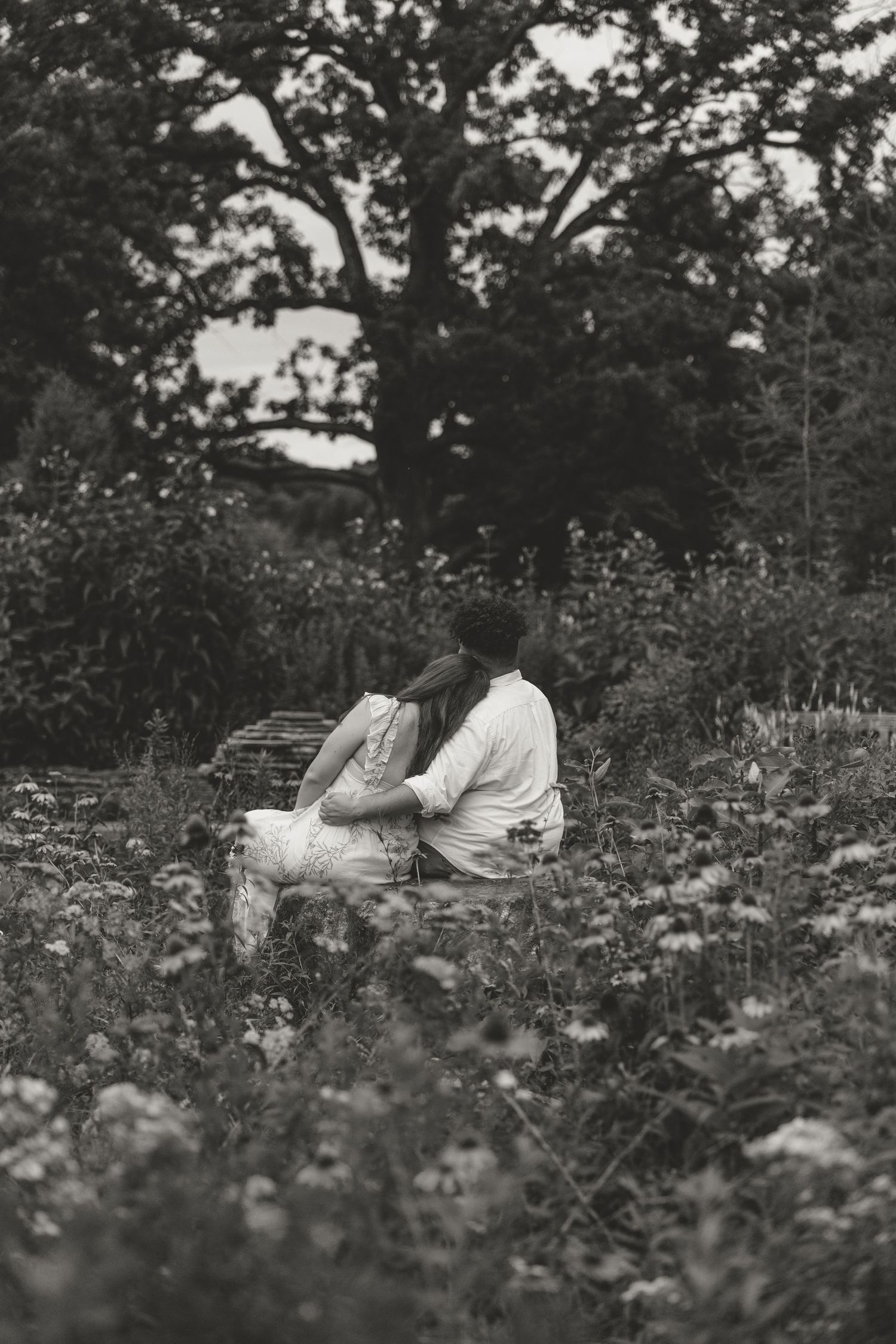 A black and white photo sequence shows two people reclining in a wildflower meadow among tall grasses and trees.