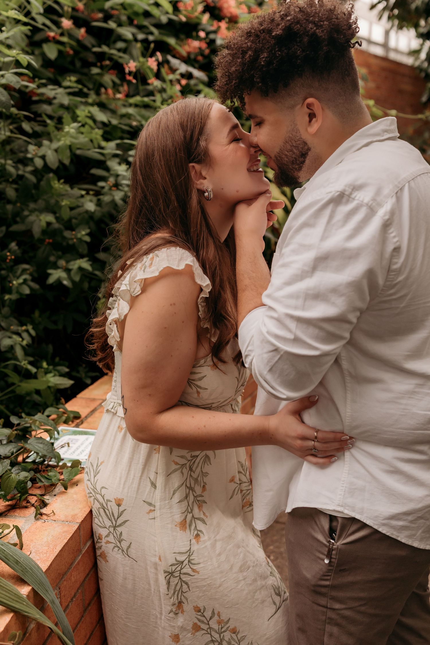A romantic sequence of wedding photos showing tender moments between a couple in white and brown attire outdoors.