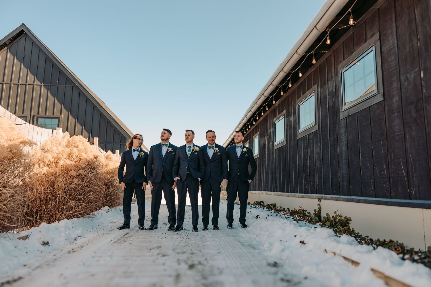 Wedding party in formal attire poses against black barn in snowy winter landscape during sunset.