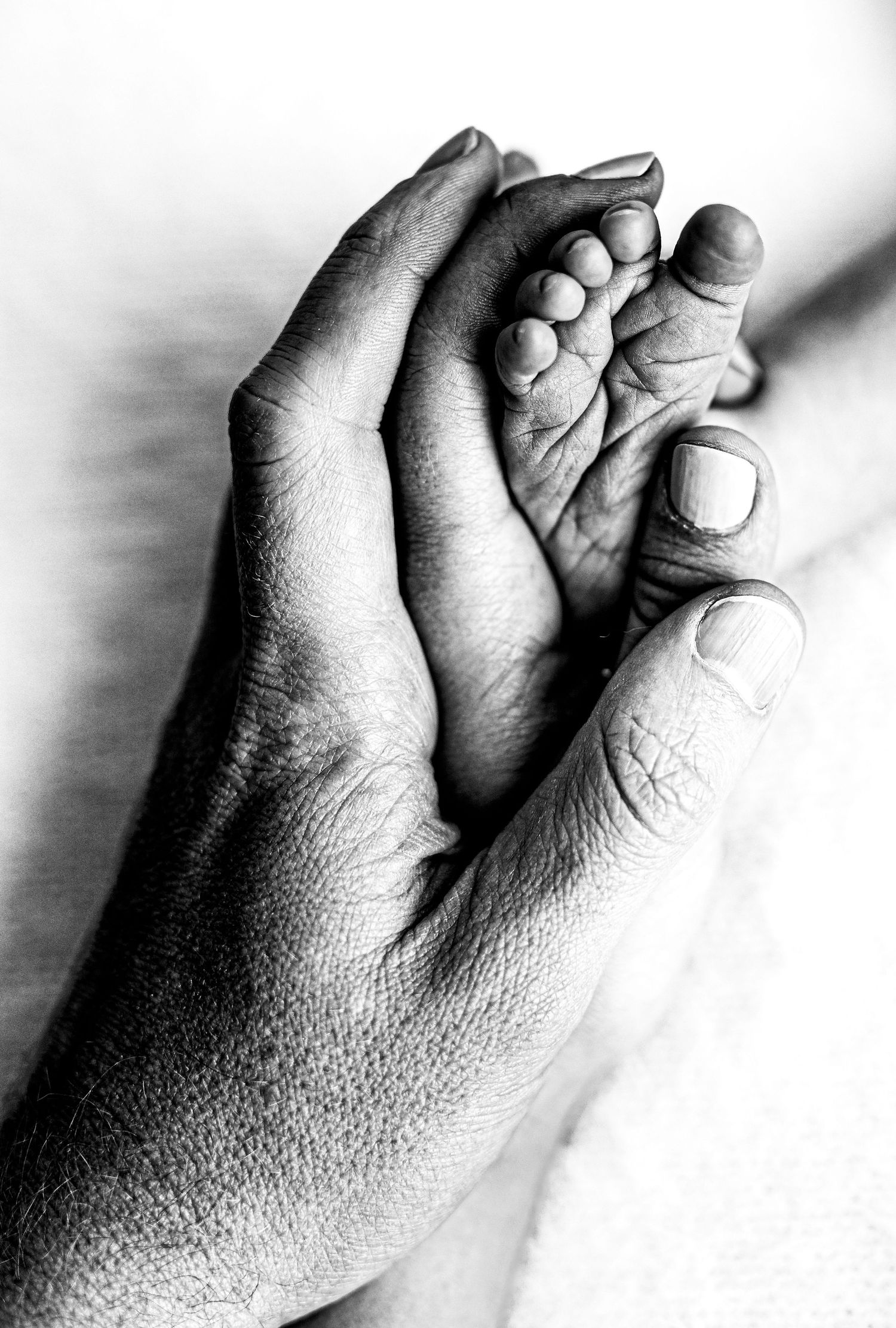 Black and white artistic photograph of two hands gently touching and intertwined against a soft blurred background.