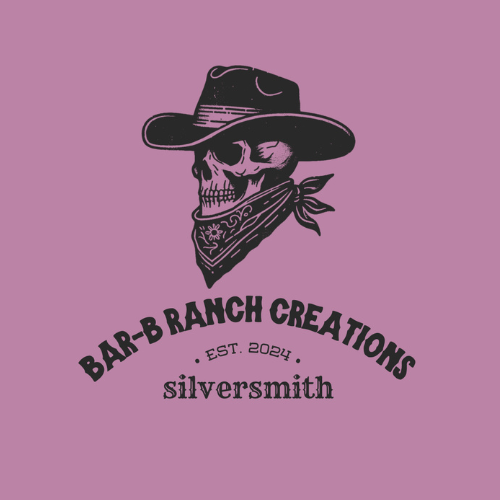Bar-B Ranch Creations silversmith logo featuring a skull in a cowboy hat and bandana on a pink background, est. 2024.