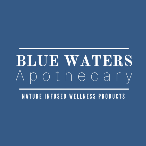 Blue Waters Apothecary logo featuring white text on a blue background with the tagline Nature Infused Wellness Products.