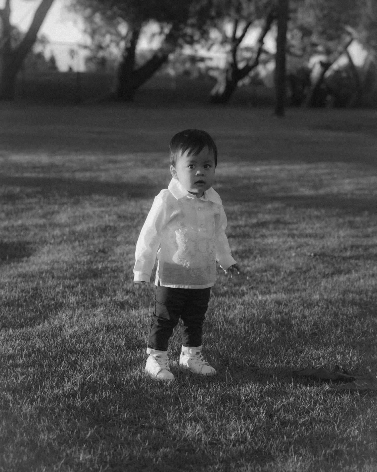 Black and white sequence of a toddler exploring grass in a park setting.
