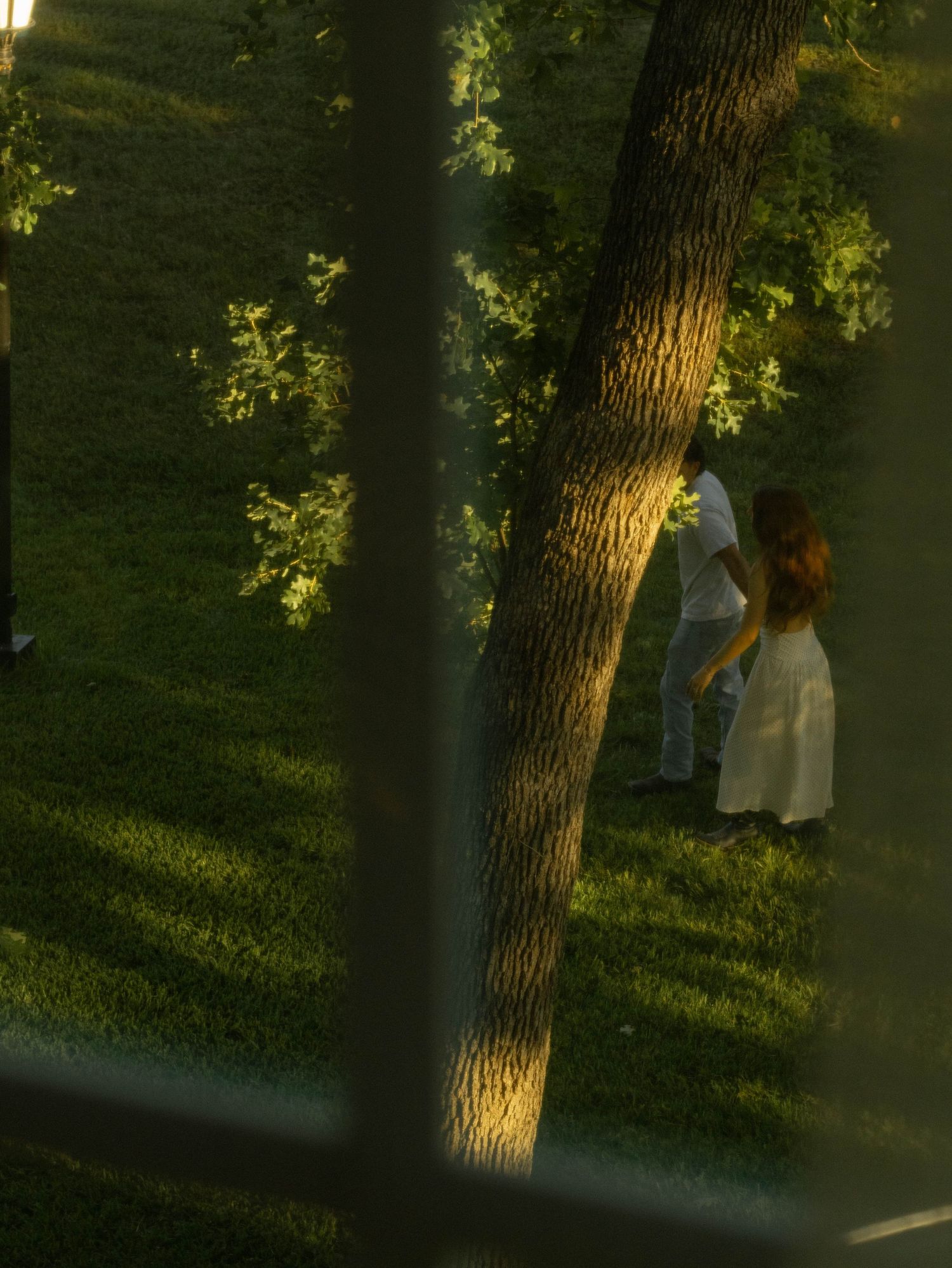 Couple walking together among sunlit trees in a lush green park during golden hour.