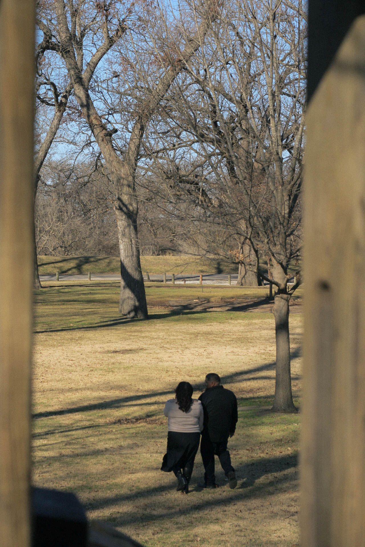 Two people walking in a winter park scene viewed through vertical columns.