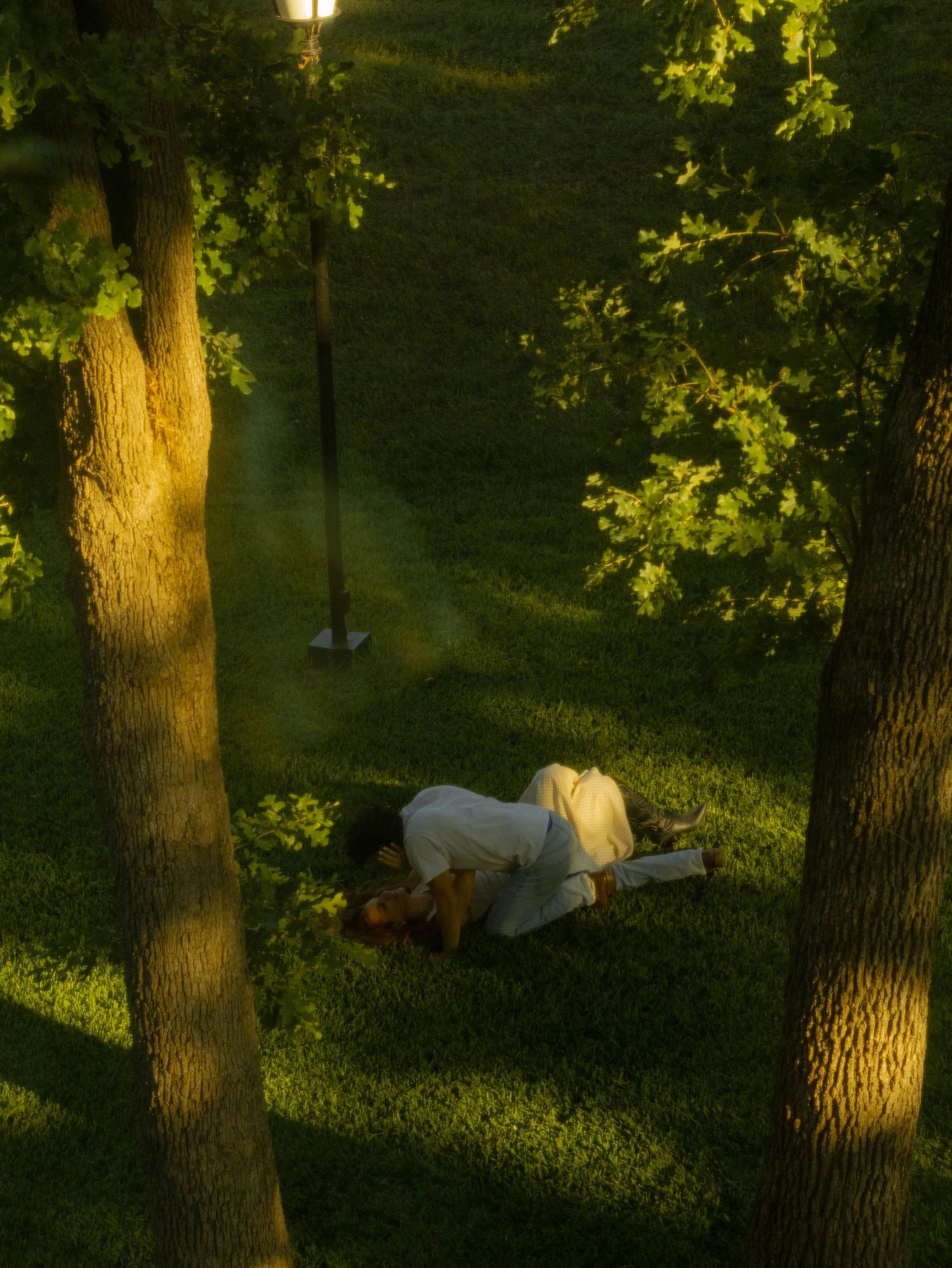 Couple lying together on lush green grass beneath shaded trees in golden light.