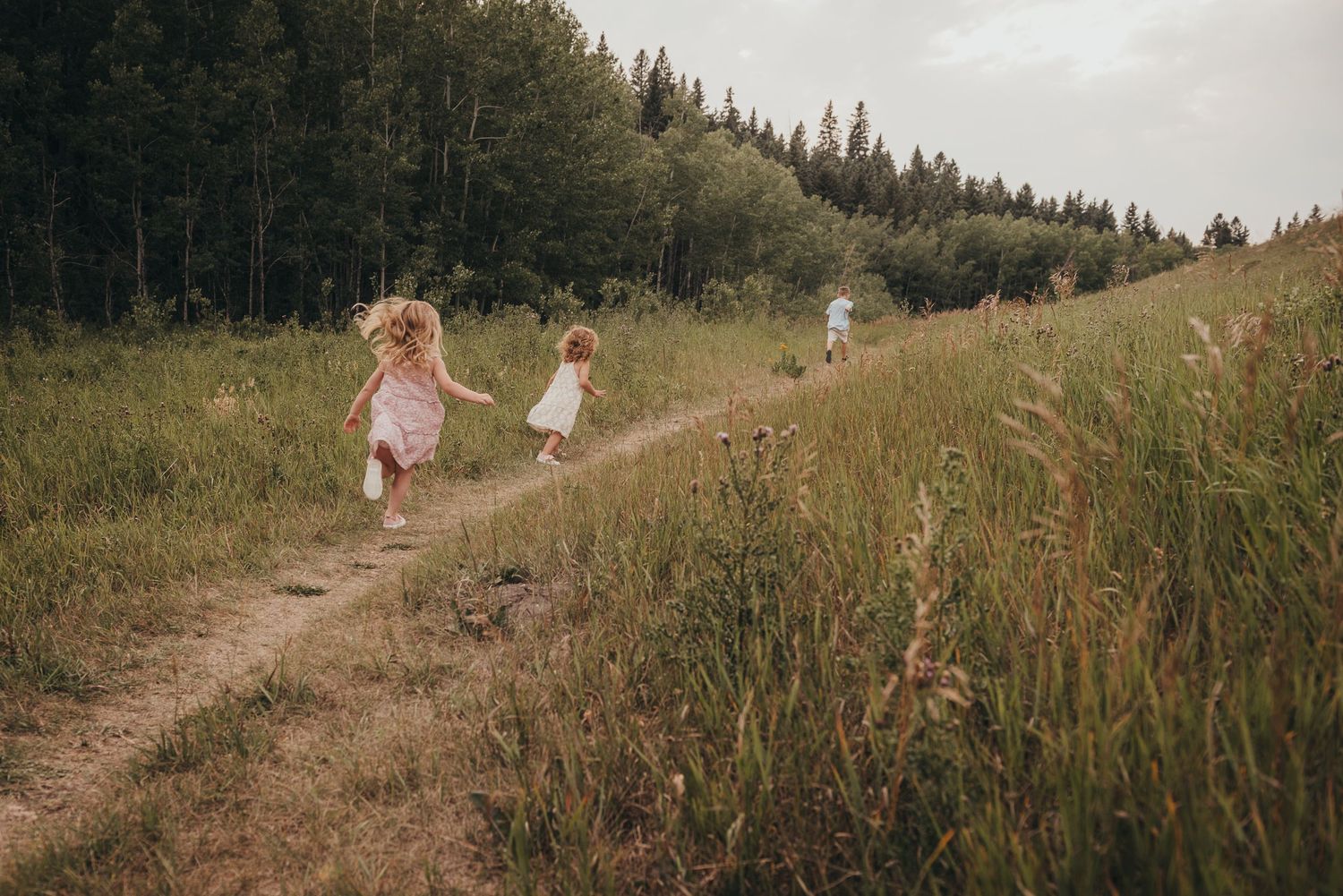Three children running along a grassy trail through a meadow at Shannon Terrace, AB