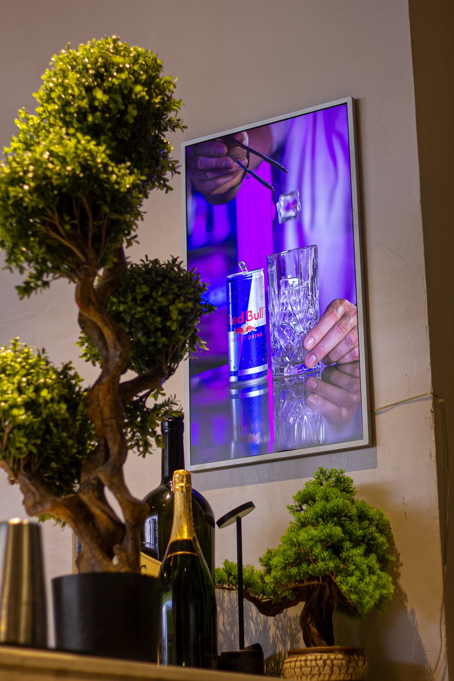 Redbull electronic poster beautifying a restaurant