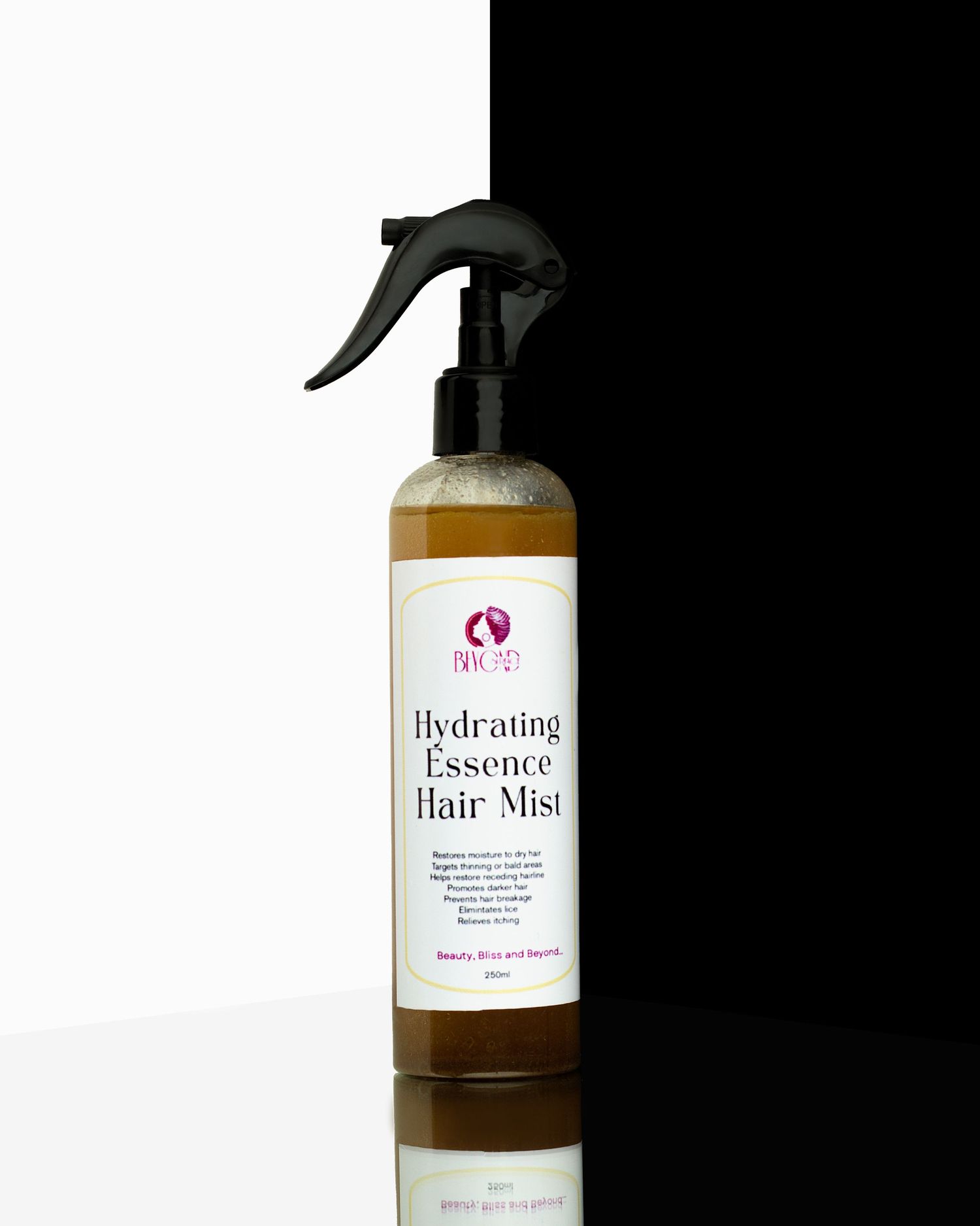 Studio editorial product photoshoot of Beyond Surface hydrating essence hair mist on a black and white background