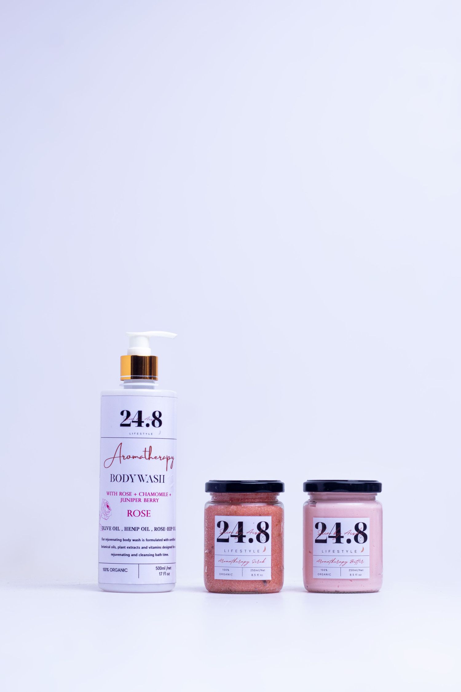 Catalog product shoot of 24.8 body wash and body scrub