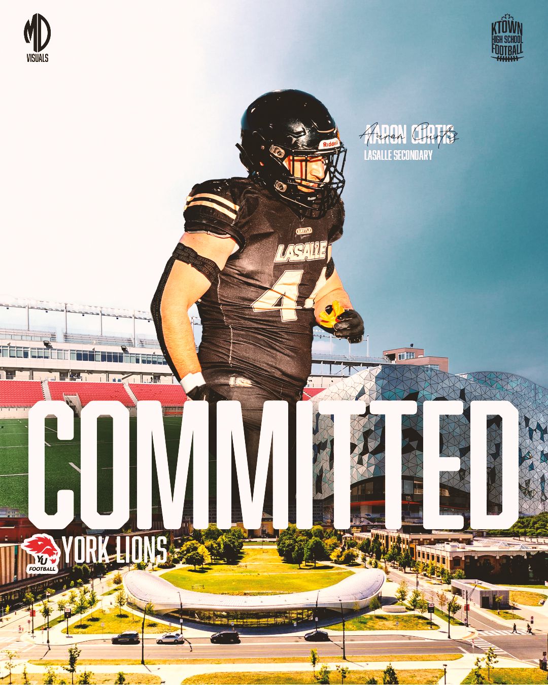 A football player in black uniform stands on a field with 'COMMITTED' text overlay against a stadium backdrop.
