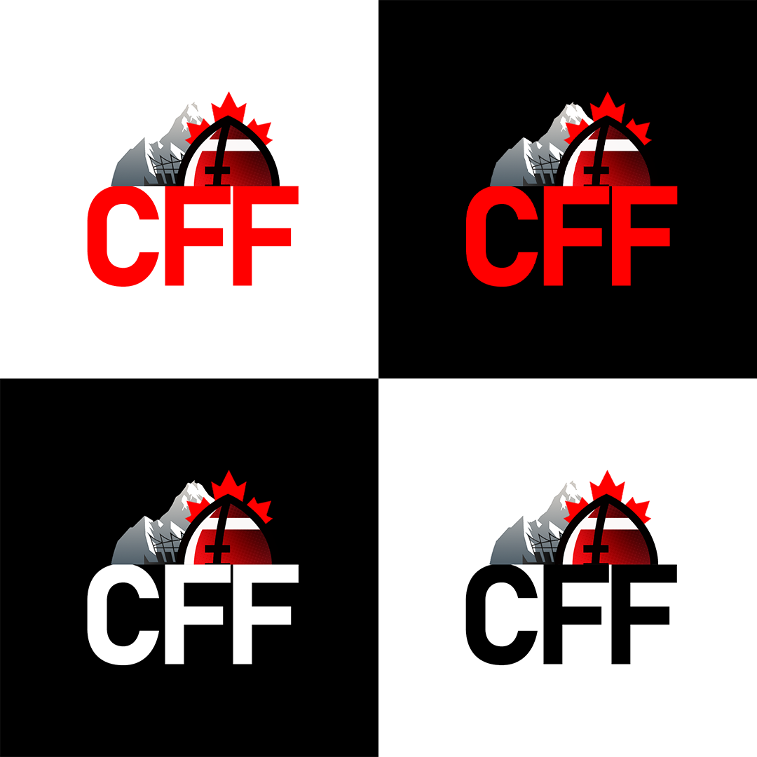 A repeating grid of CFF logos in red and white with a maple leaf and wrench icon, shown in alternating black and white backgrounds.