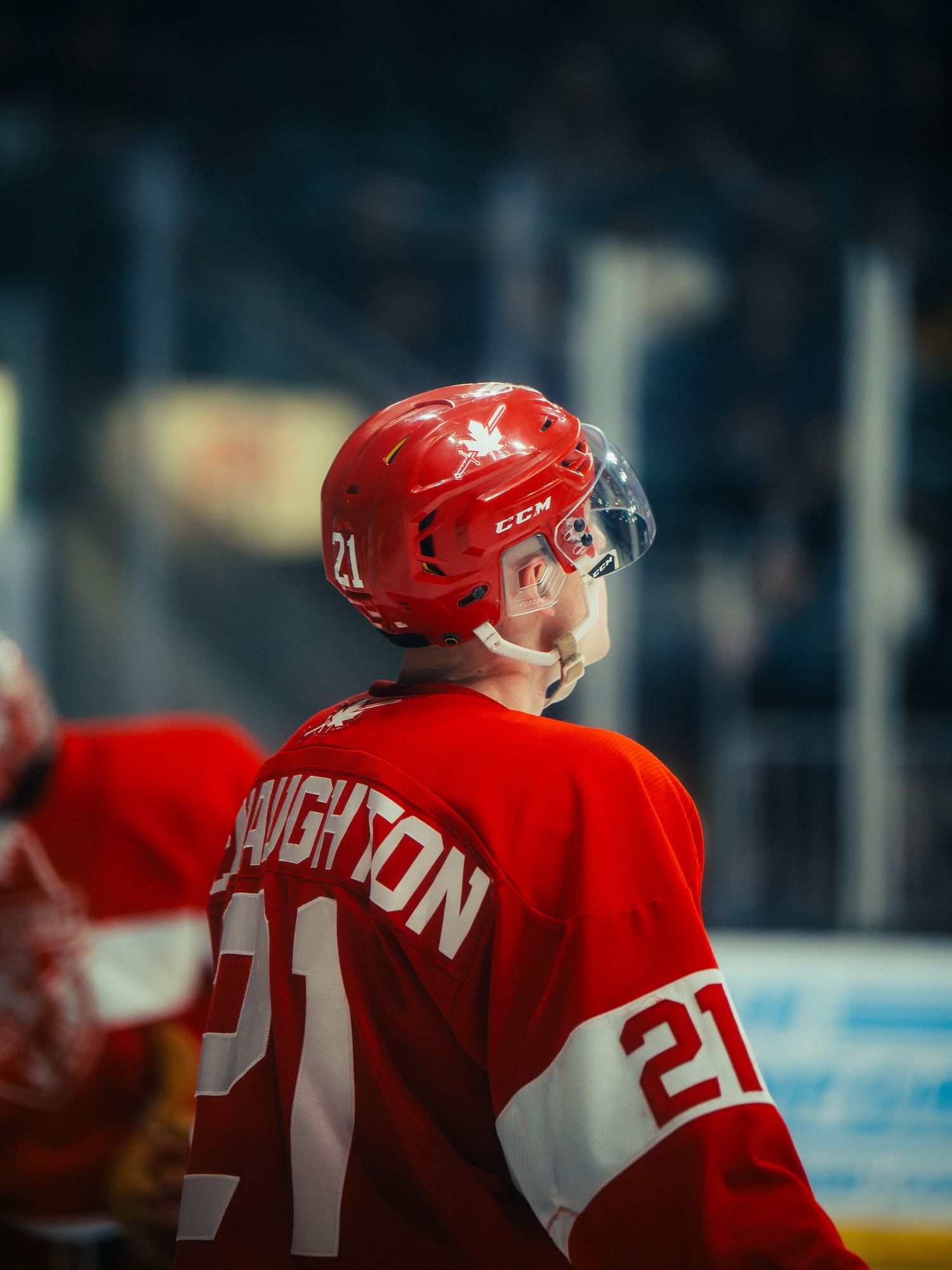 Hockey player wearing number 21 red jersey stands on ice during game.