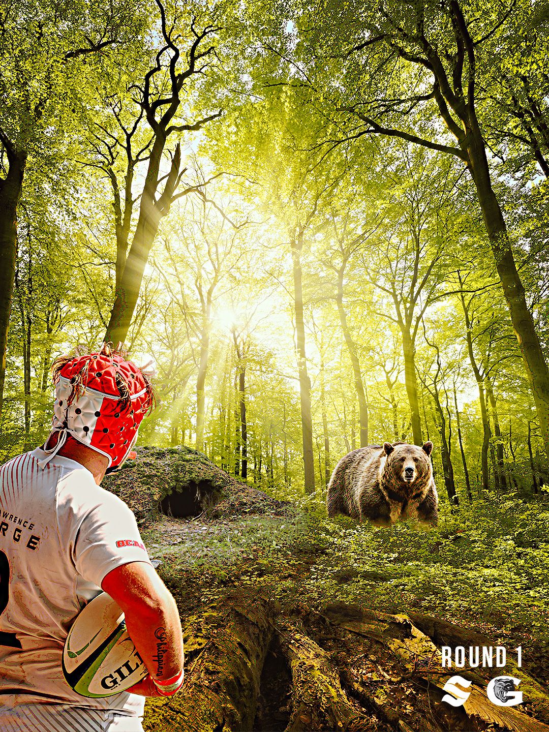 Mountain biker rides through sunlit forest trail with golden rays filtering through green trees.