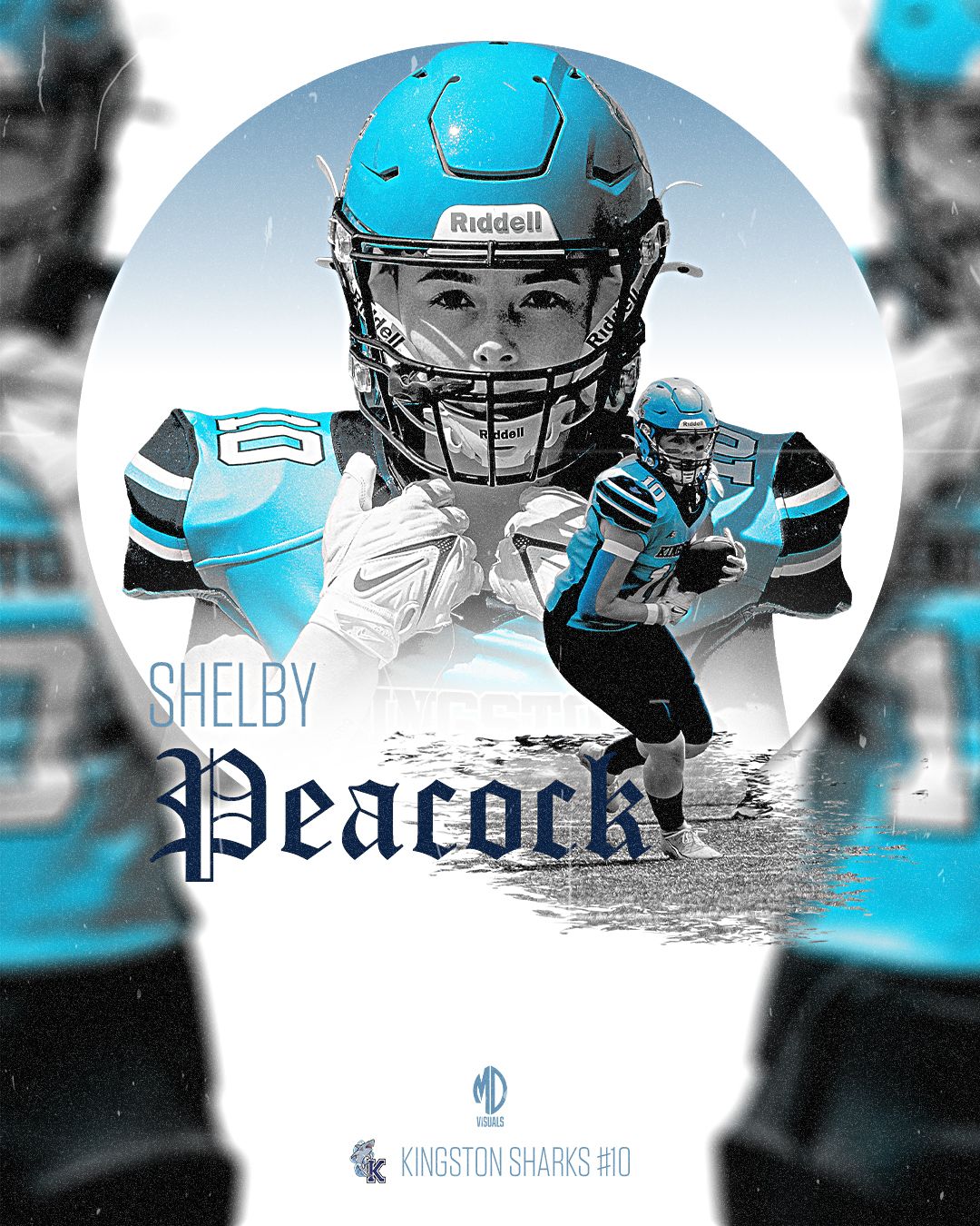 A collage of black and white football photos with teal accents showing players in protective gear and helmets.