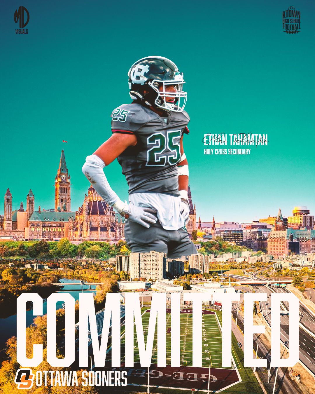 Football player silhouette overlaid on cityscape with teal background shows athletic action and urban architecture.