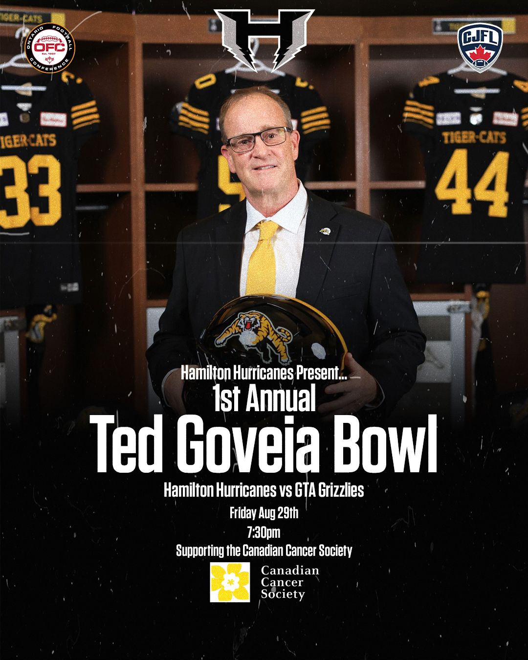 Promotional poster for the 1st Annual Ted Goveia Bowl event by Hamilton Hurricanes featuring team jerseys in background.