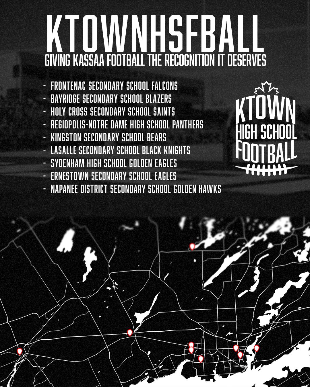 Black and white graphic design showing football team names and silhouettes of players on a map background.