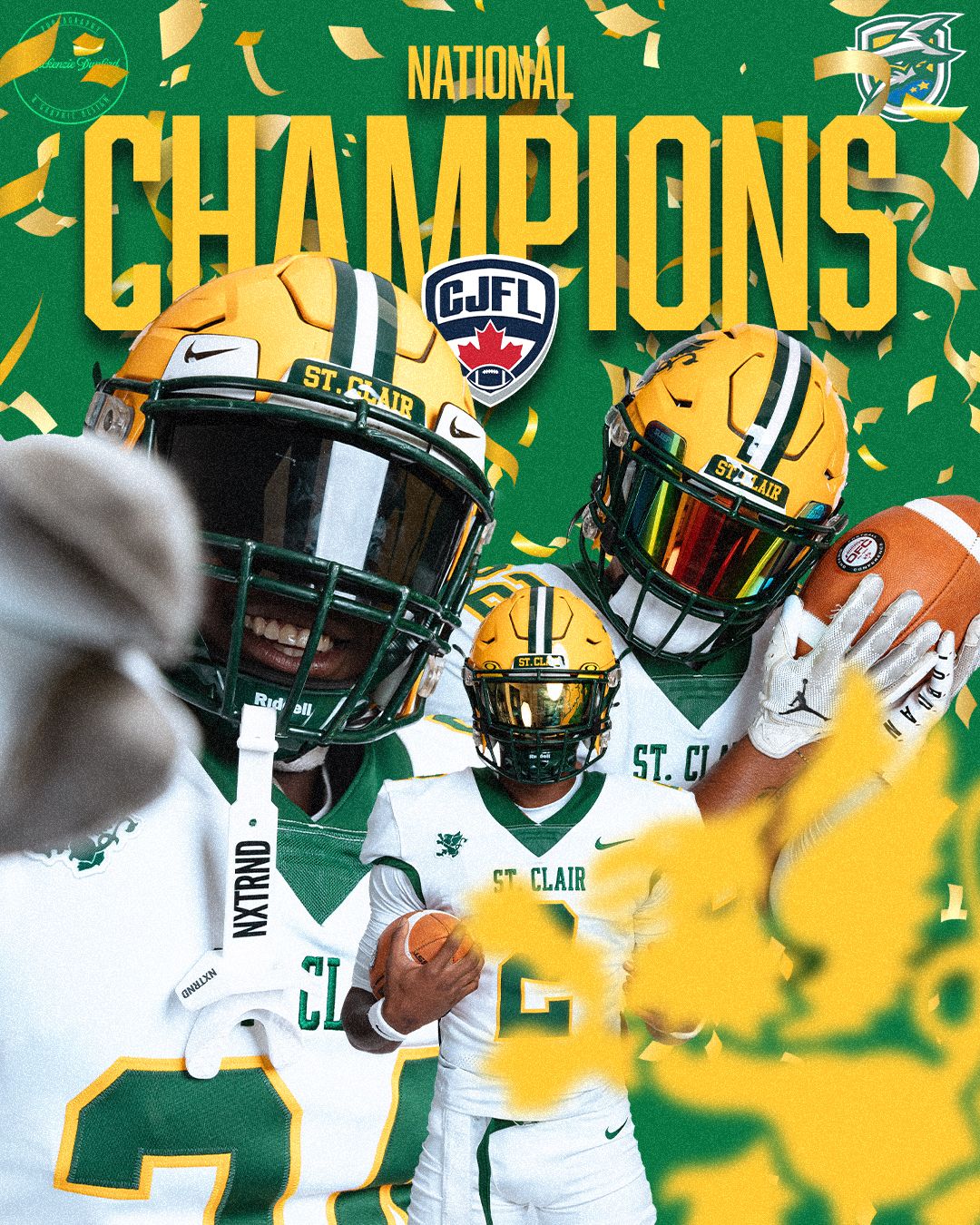 St. Clair football players celebrate with confetti and championship trophy on green and gold background.