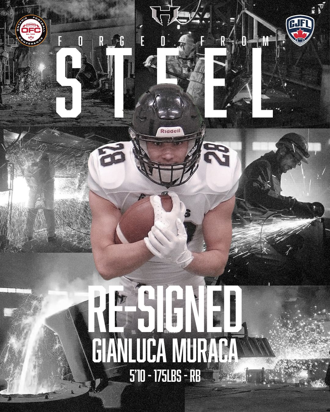 A black and white collage of football players and text overlays showing player signings for a professional team.