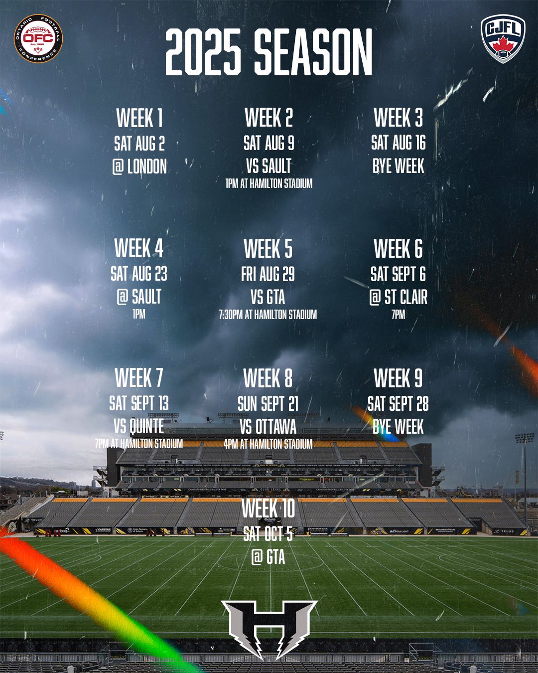 Football stadium field with schedule overlay showing weekly game matchups for 2025 season against dark background.