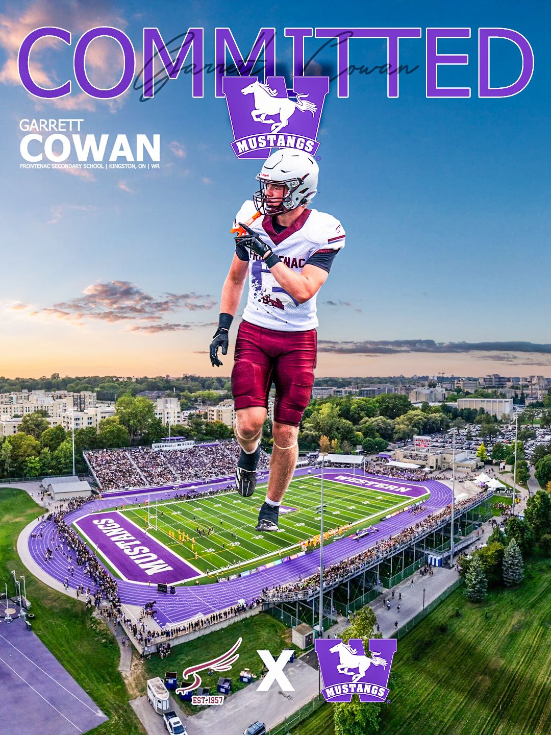 College football recruitment commitment announcement featuring a player composite over a purple stadium aerial view.